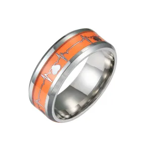 Glowing Heartbeat Electrocardiogram Couple Rings - Vibrant Orange and Blue Night Shades