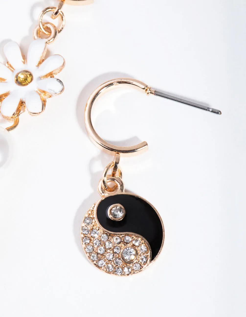 Gold Asymmetric Yin & Yang Daisy Earrings