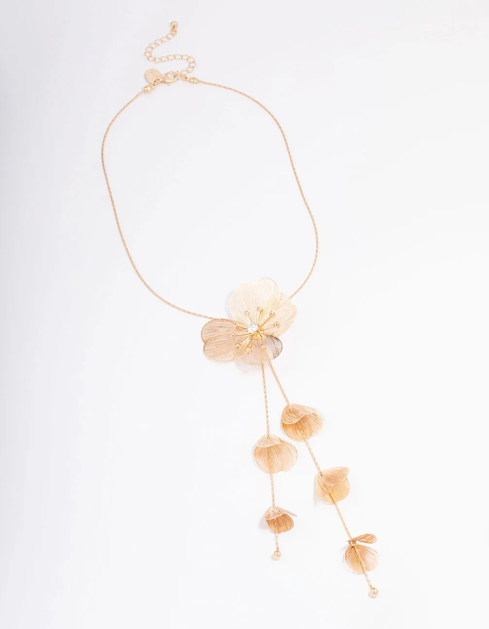 Gold Graduating Detail Flower Lariat Necklace