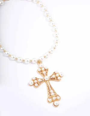 Gold Pearl Large Cross Pendant Necklace