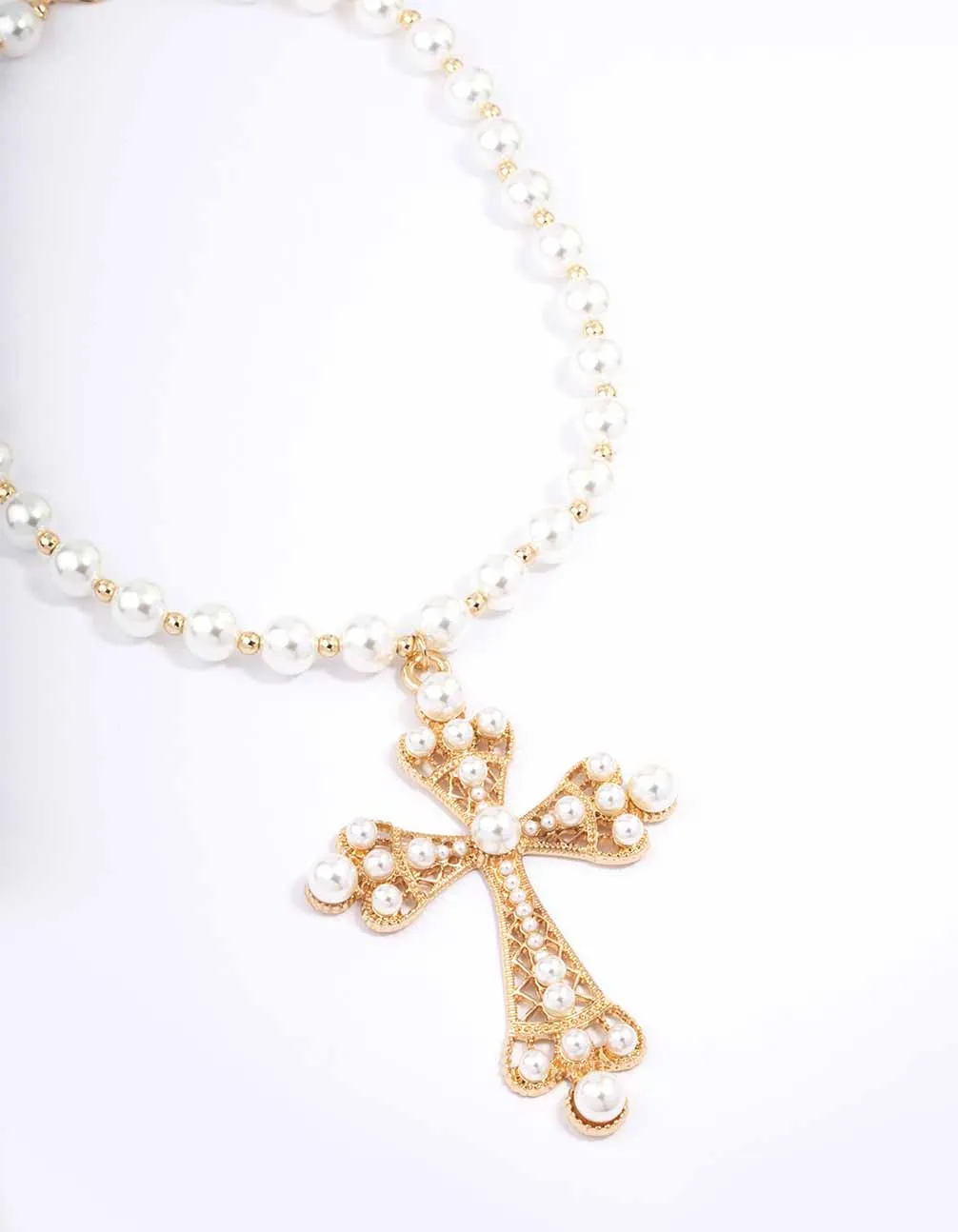 Gold Pearl Large Cross Pendant Necklace