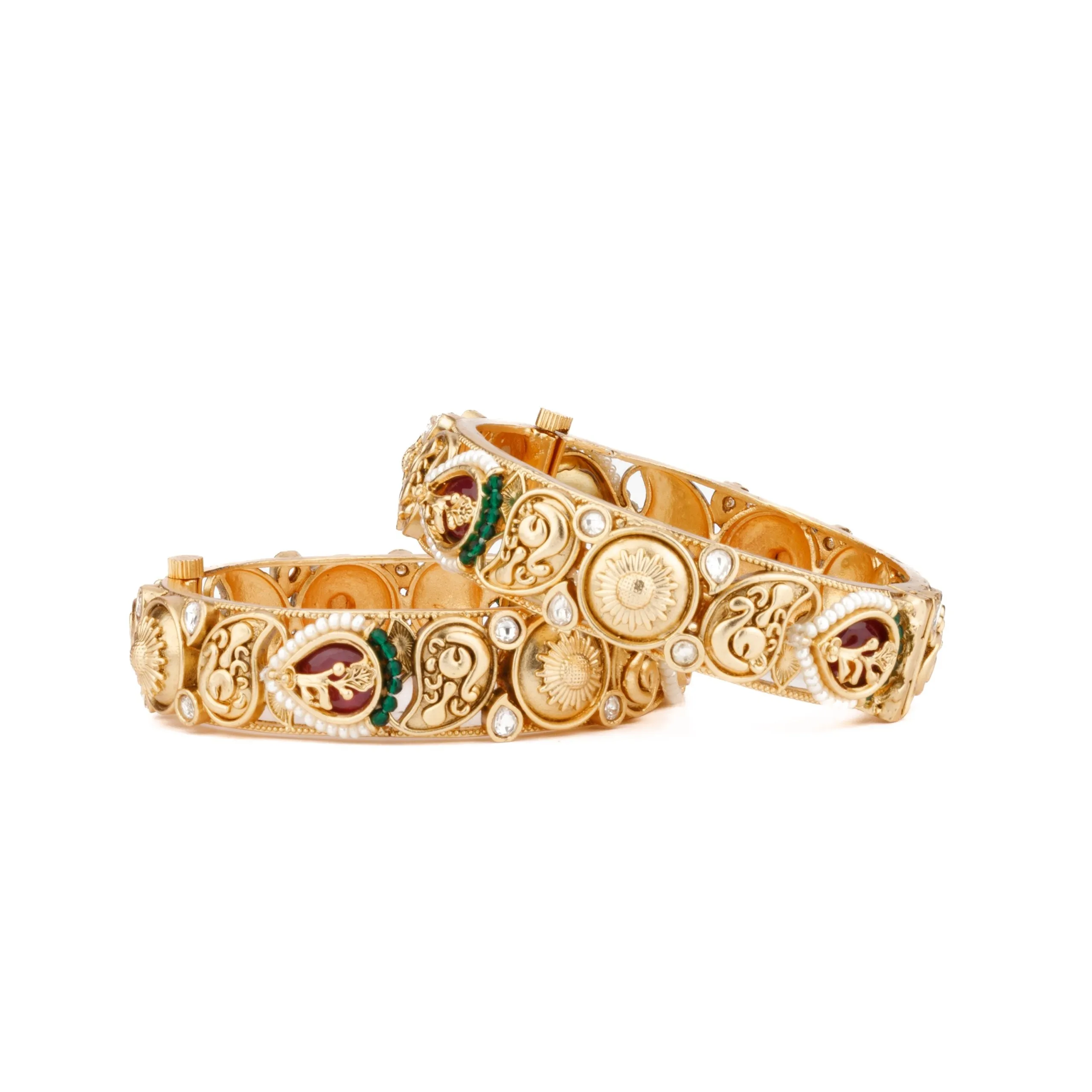 Gold Plated Kundan With Red Onyx Stone & Pearl Bangles, Set of 2