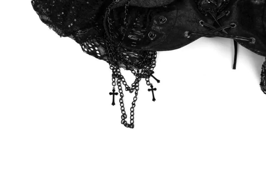 Gothic Black Leather Jacket with Lace Rivetted Chain Detail