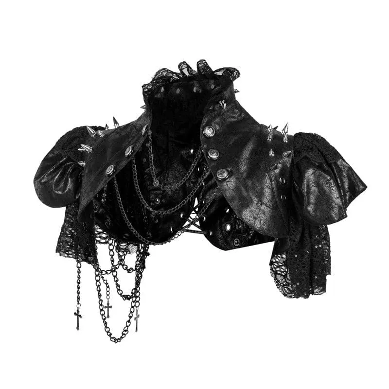 Gothic Black Leather Jacket with Lace Rivetted Chain Detail