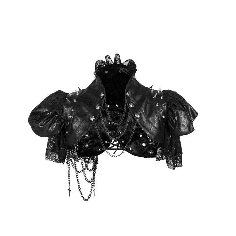 Gothic Black Leather Jacket with Lace Rivetted Chain Detail