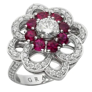 Graff Ruby & Diamond Cocktail Platinum Rosette Ring Sz 4 1/2