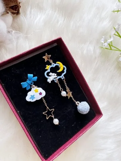 Kawaii - Celestial kawaii rabbit statement earrings | cloud and thunder storm rain earrings | Galaxy mini stud celestial earrings | weather earrings