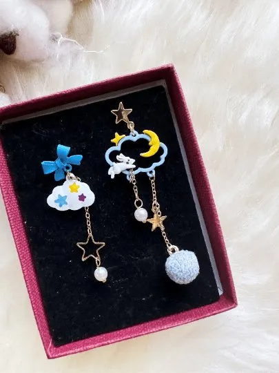 Kawaii - Celestial kawaii rabbit statement earrings | cloud and thunder storm rain earrings | Galaxy mini stud celestial earrings | weather earrings