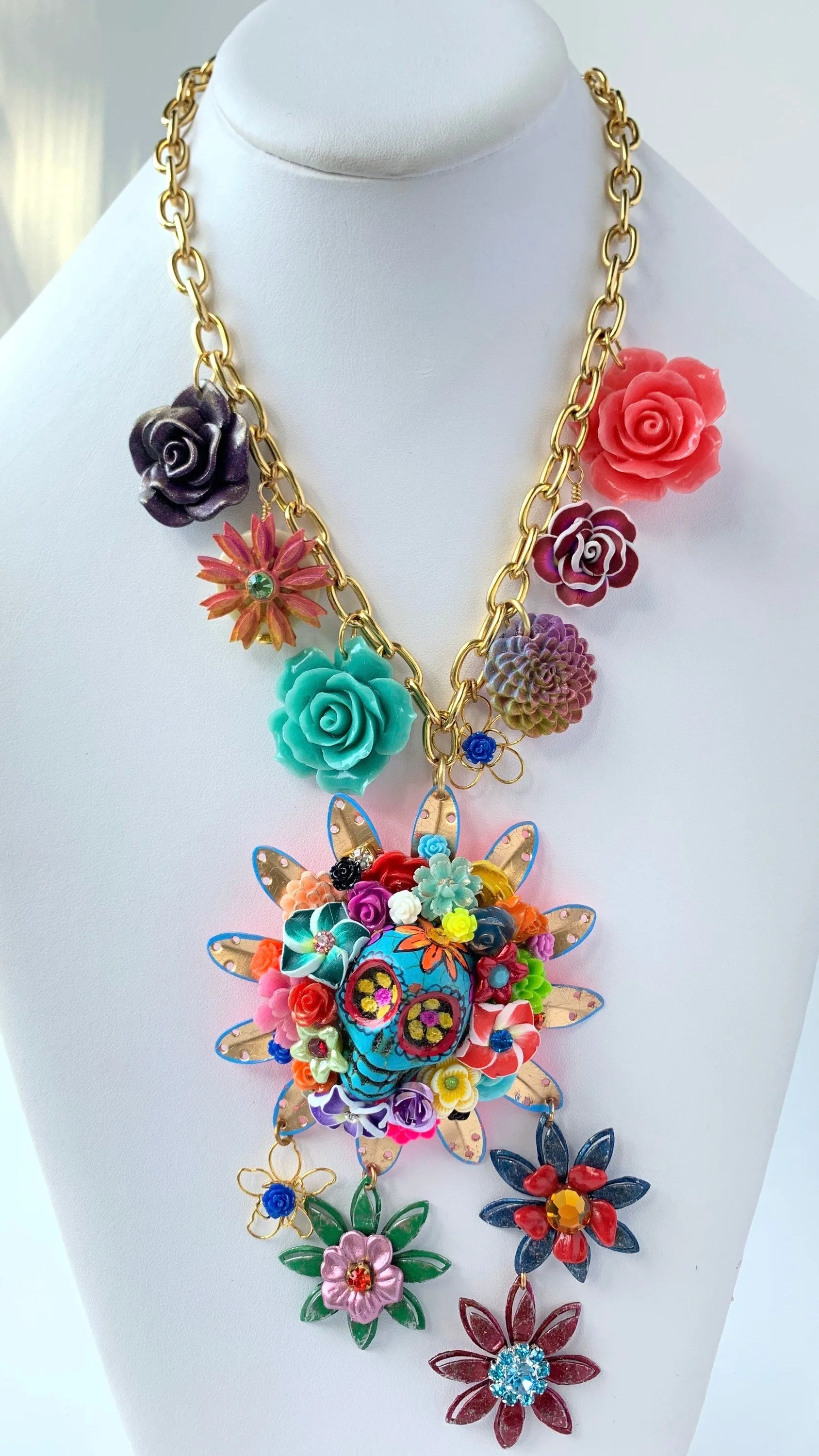 Lenora Dame Día De Los Muertos Hand-Painted Statement Necklace in La Turquesa - One-of-a-Kind