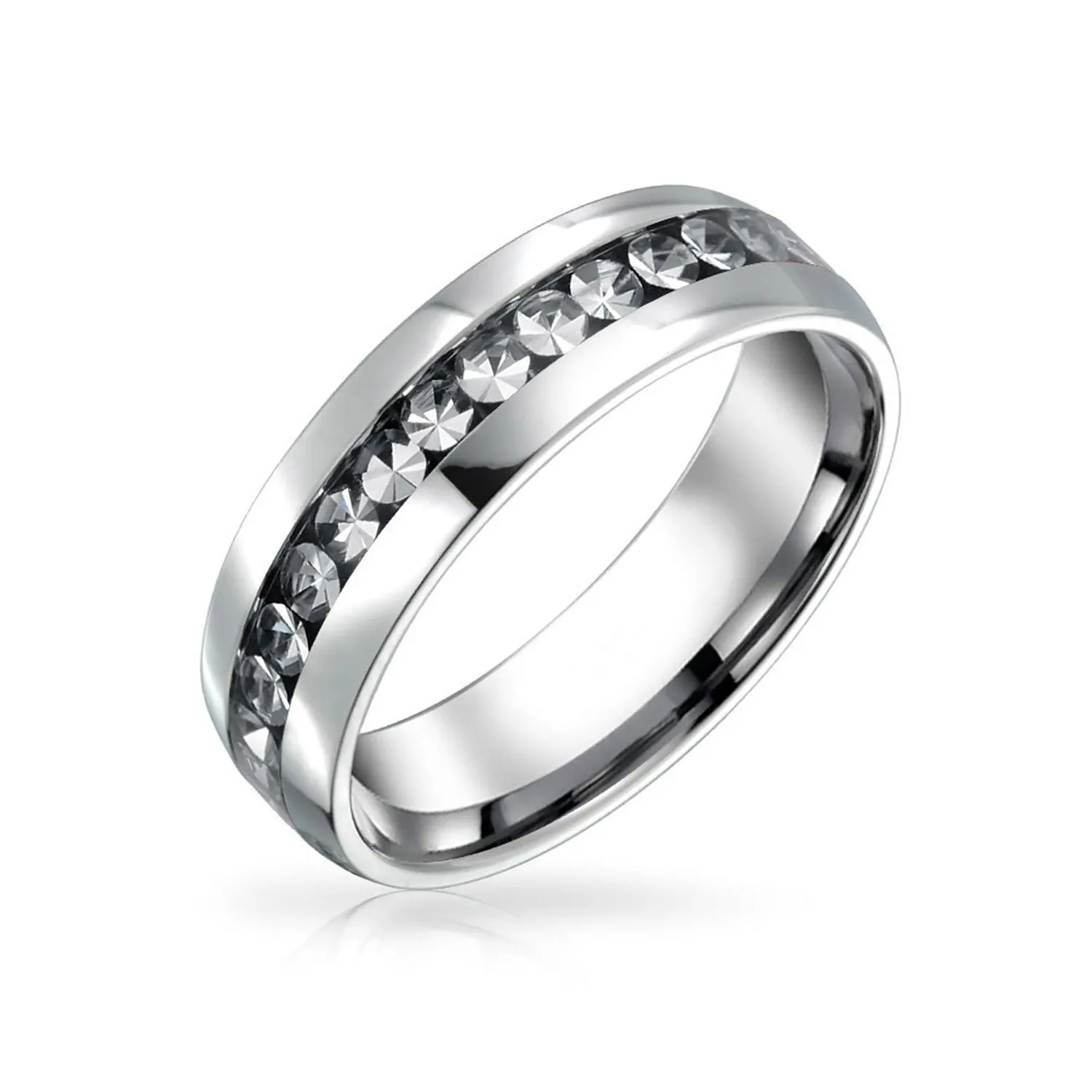 Mens Stainless Steel Crystal Eternity Band Ring Unisex Silver Toned