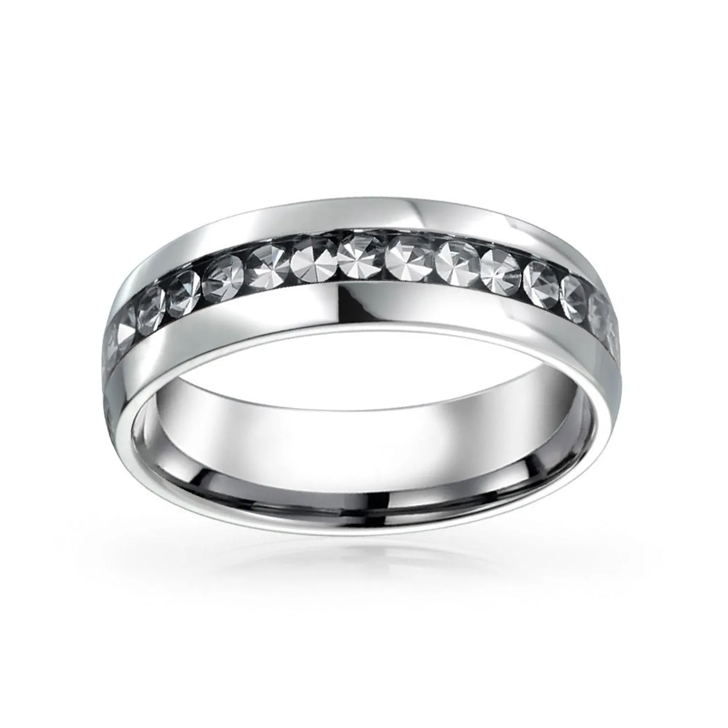 Mens Stainless Steel Crystal Eternity Band Ring Unisex Silver Toned