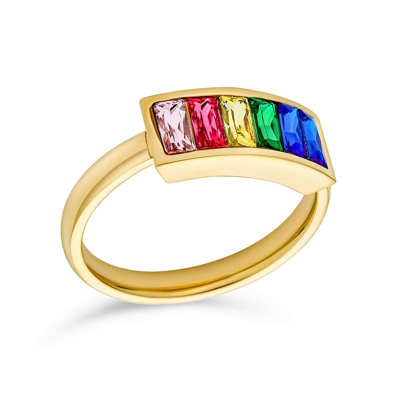 Mens Stainless Steel Gold Tone Rainbow Ring with Princess Cut Square CZs for LGBTQ