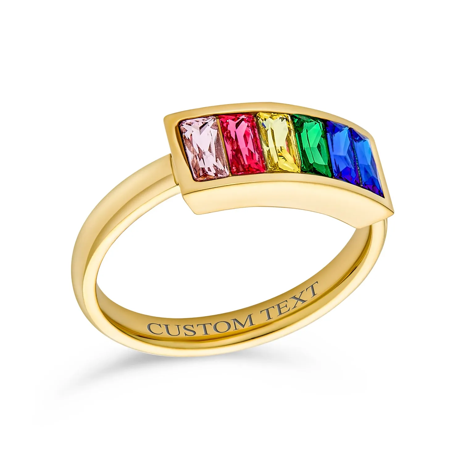 Mens Stainless Steel Gold Tone Rainbow Ring with Princess Cut Square CZs for LGBTQ