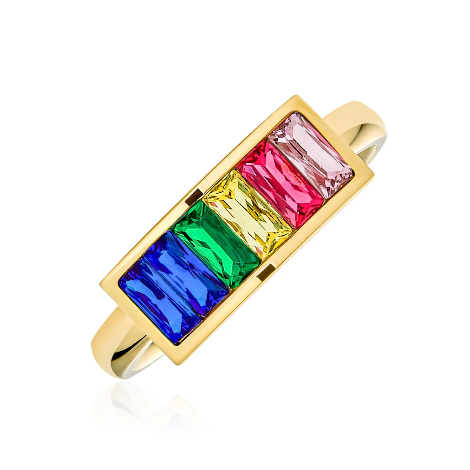 Mens Stainless Steel Gold Tone Rainbow Ring with Princess Cut Square CZs for LGBTQ