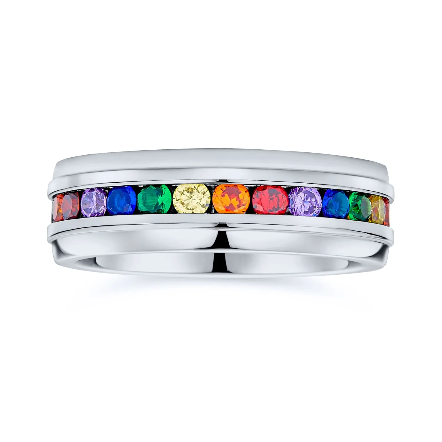 Mens Stainless Steel Rainbow CZ Eternity Ring LGBTQ Wedding Band Comfort Fit