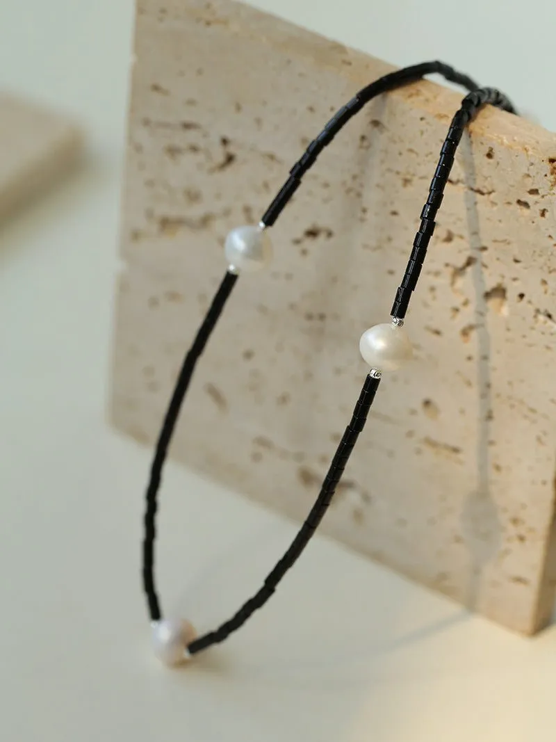 Minimalist Modern Pearl and Black Agate Beaded Necklace