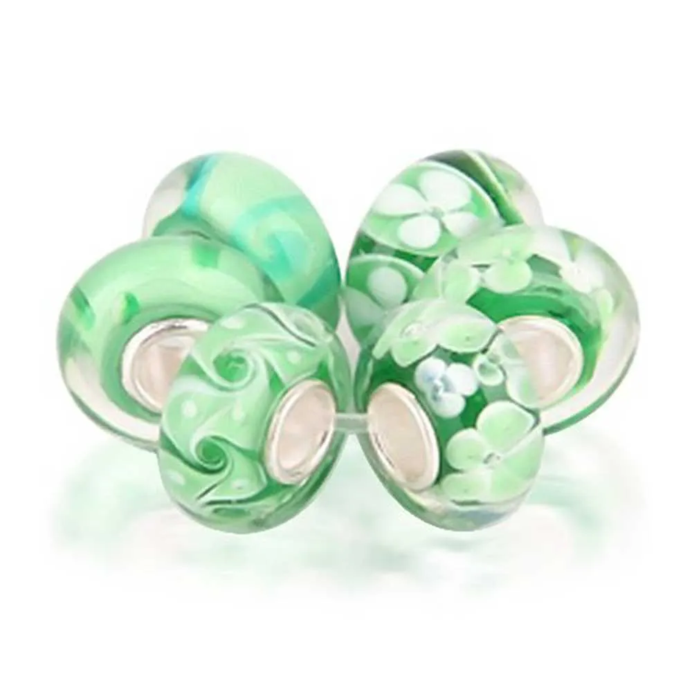 Mixed Set Sterling Silver Core Green Floral Murano Glass Charm Bead for Bracelet