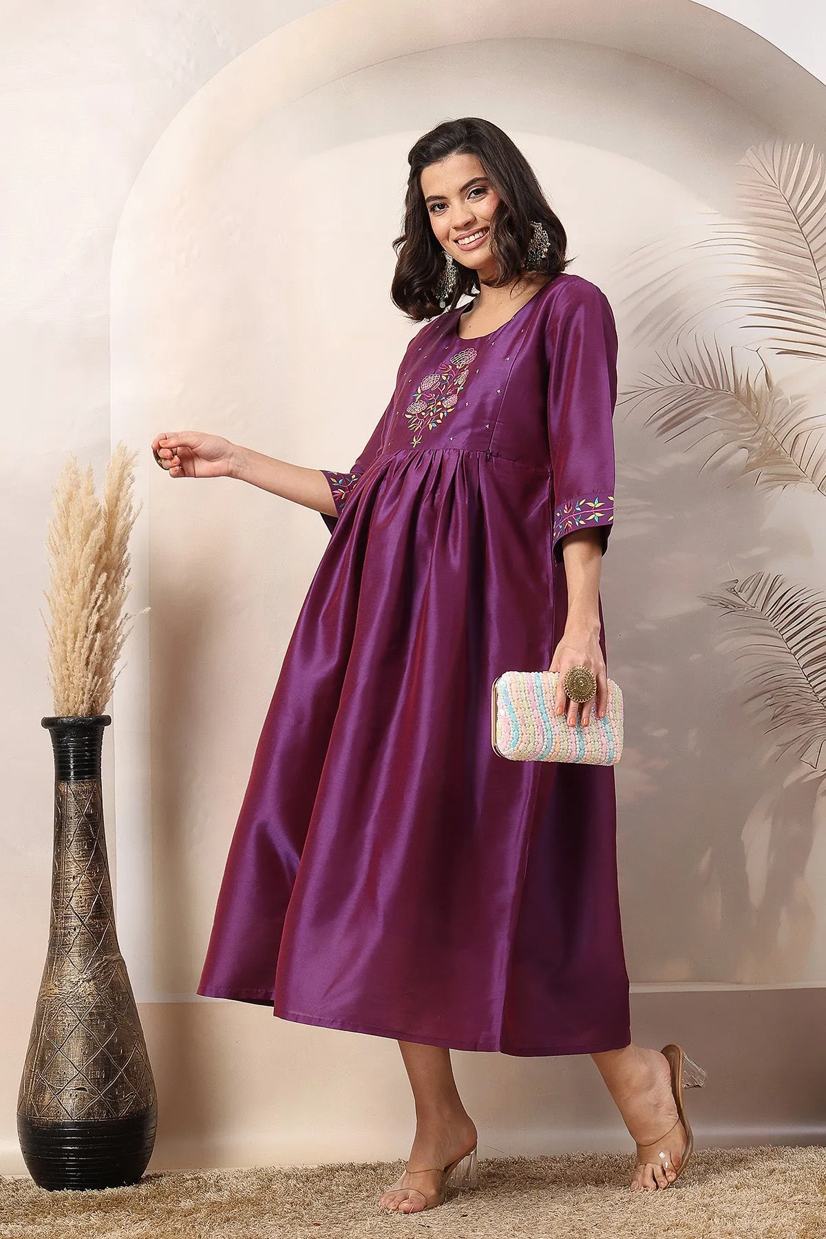 Mystic Violet Maternity Feeding Dress with Embroidered Yoke