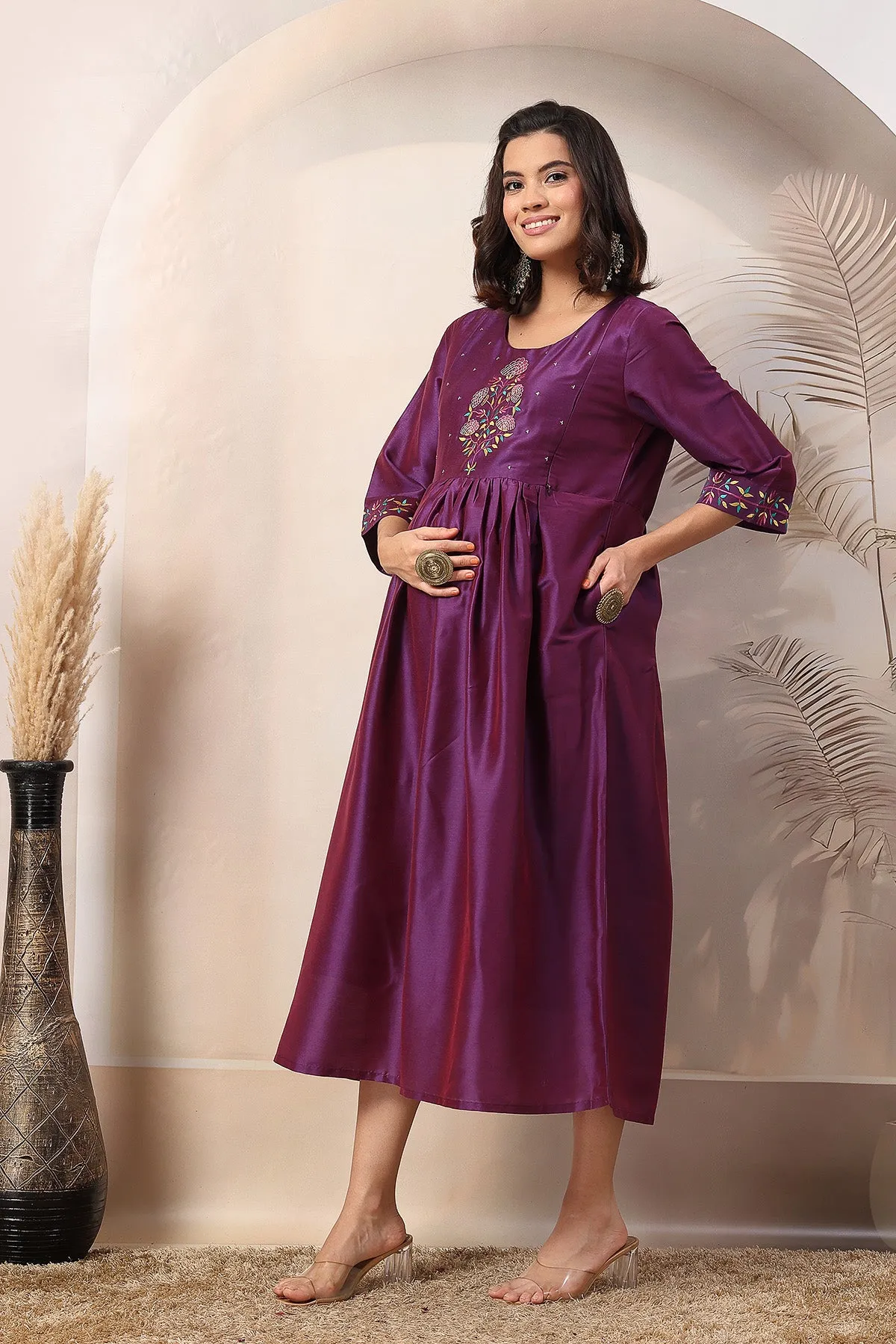 Mystic Violet Maternity Feeding Dress with Embroidered Yoke