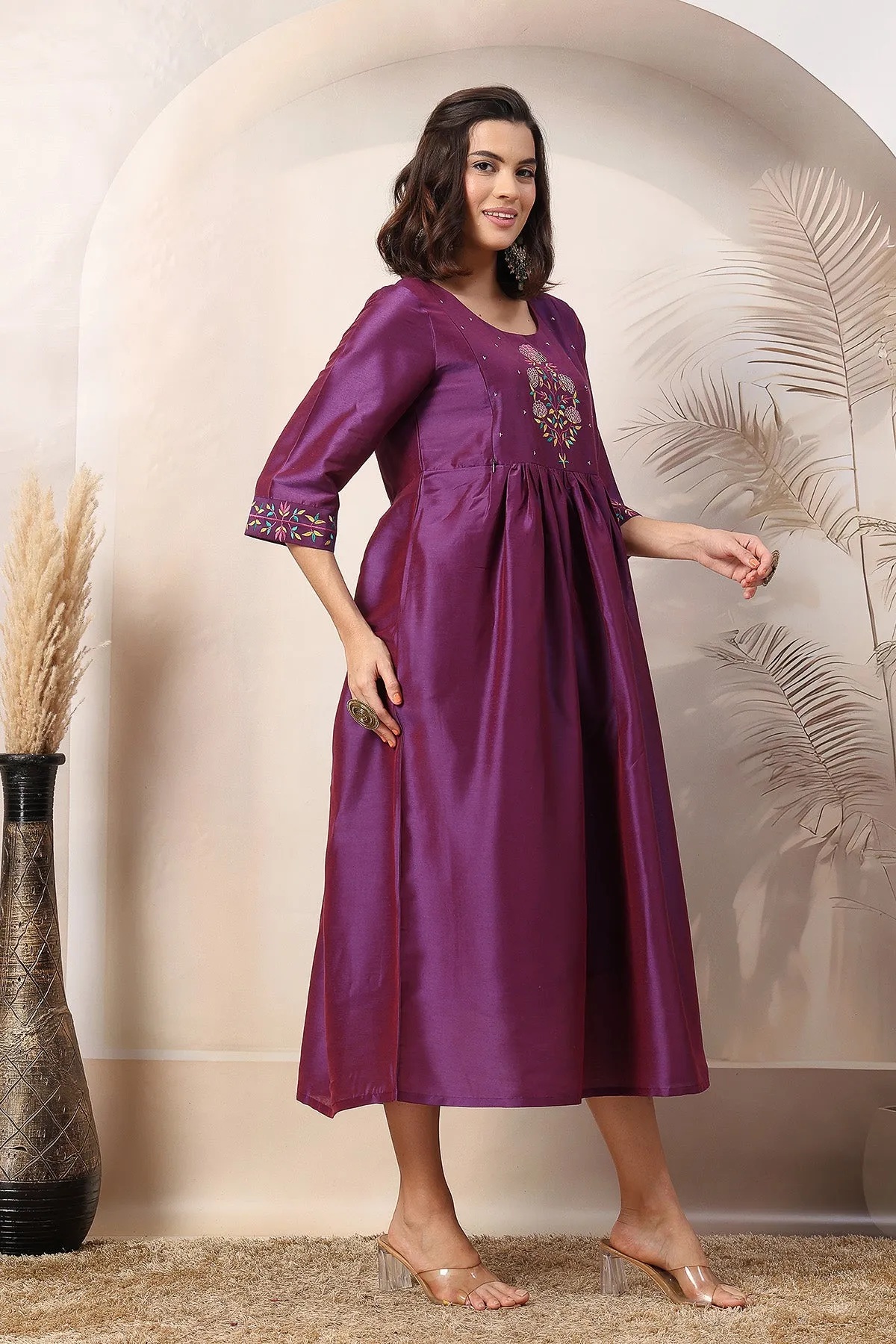 Mystic Violet Maternity Feeding Dress with Embroidered Yoke