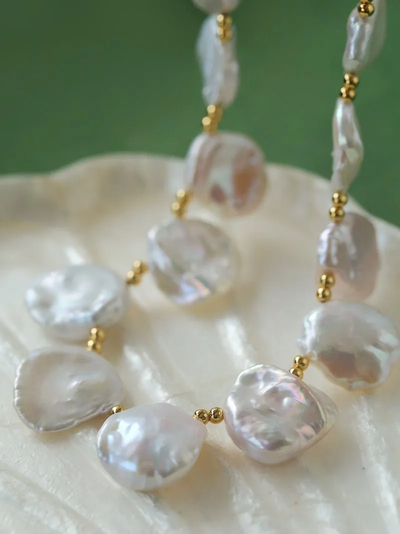 Natural Large Petal Baroque Pearl Necklace with Gold Bean