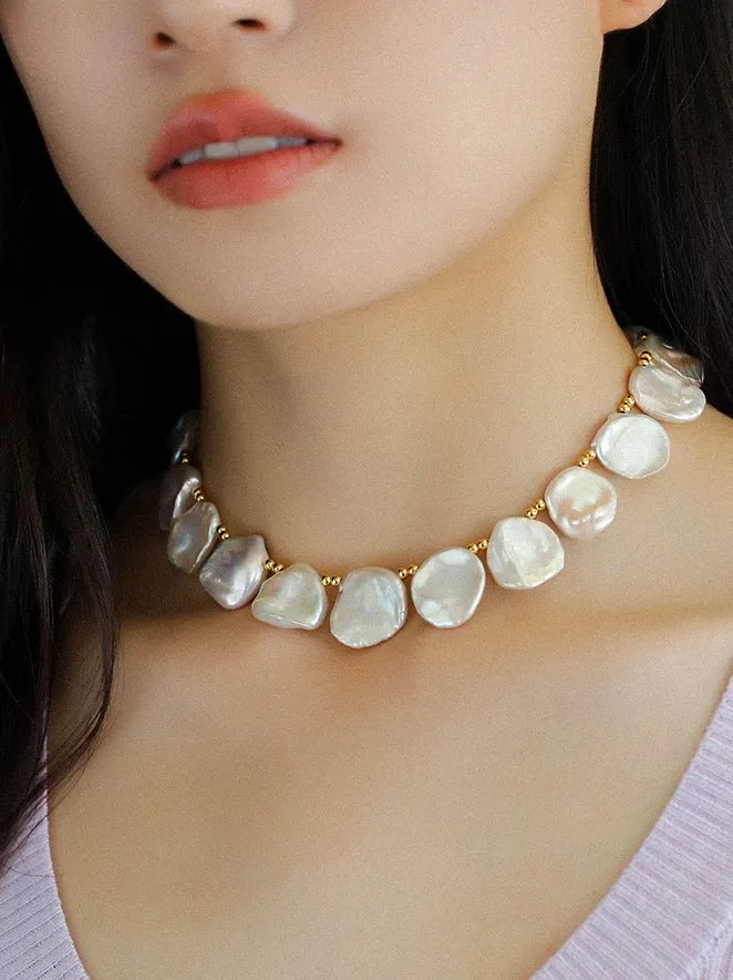 Natural Large Petal Baroque Pearl Necklace with Gold Bean