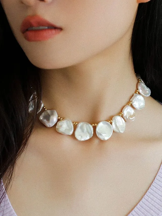 Natural Large Petal Baroque Pearl Necklace with Gold Bean