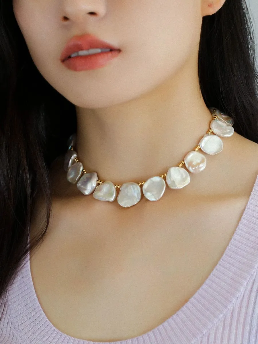 Natural Large Petal Baroque Pearl Necklace with Gold Bean