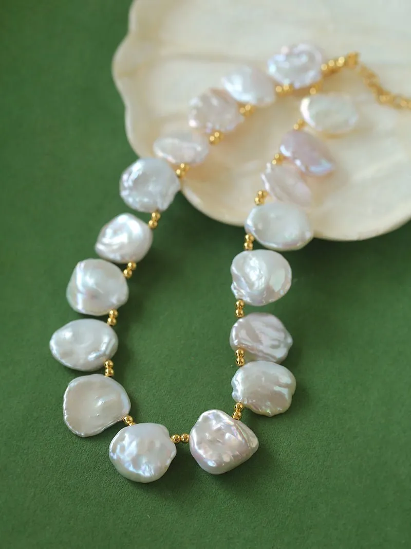 Natural Large Petal Baroque Pearl Necklace with Gold Bean