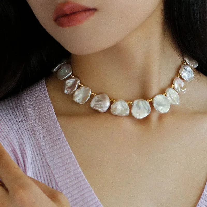 Natural Large Petal Baroque Pearl Necklace with Gold Bean