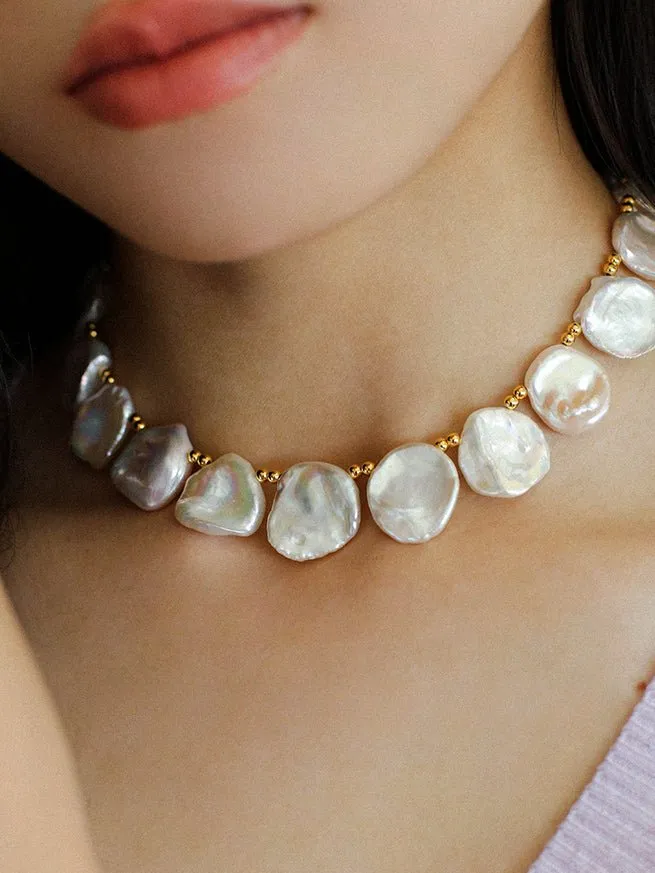 Natural Large Petal Baroque Pearl Necklace with Gold Bean