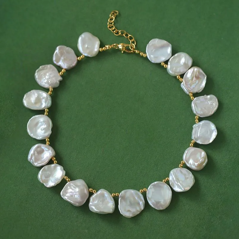 Natural Large Petal Baroque Pearl Necklace with Gold Bean