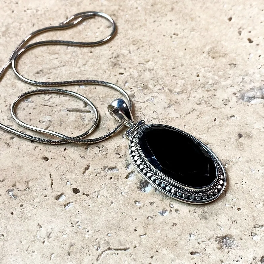 Onyx Rose Cut Long Oval Pendant - Tulsi