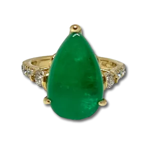 Pear Cabochon Emerald & Diamond Ring 7.66Ct 14KY Cert