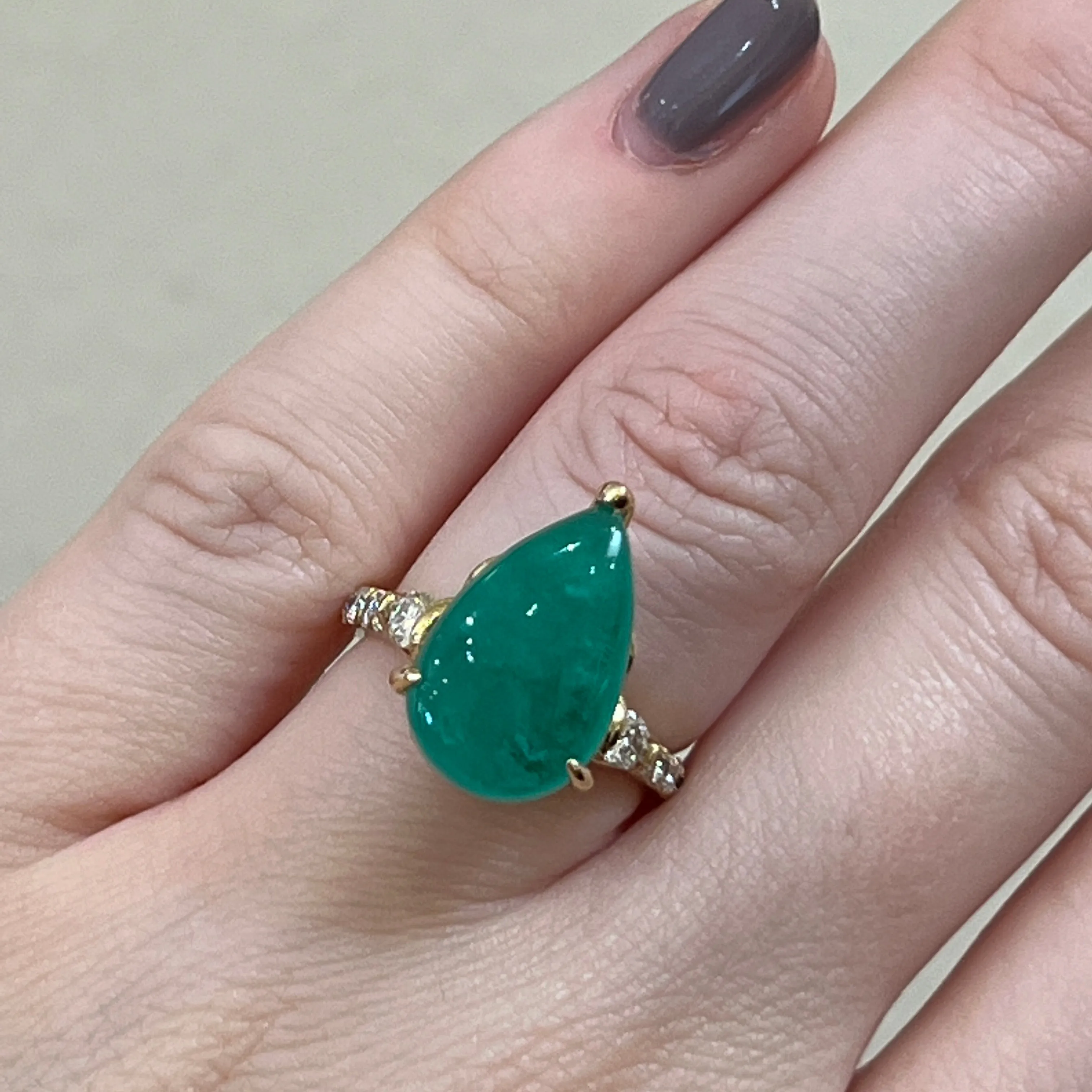 Pear Cabochon Emerald & Diamond Ring 7.66Ct 14KY Cert