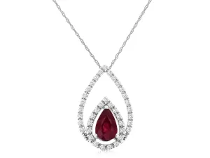 Pear Shaped Ruby Double Diamond Halo Pendant Necklace in 14k White Gold