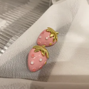 Pink Strawberry Stud Earrings with Gold Leaf Accent-jlt11653