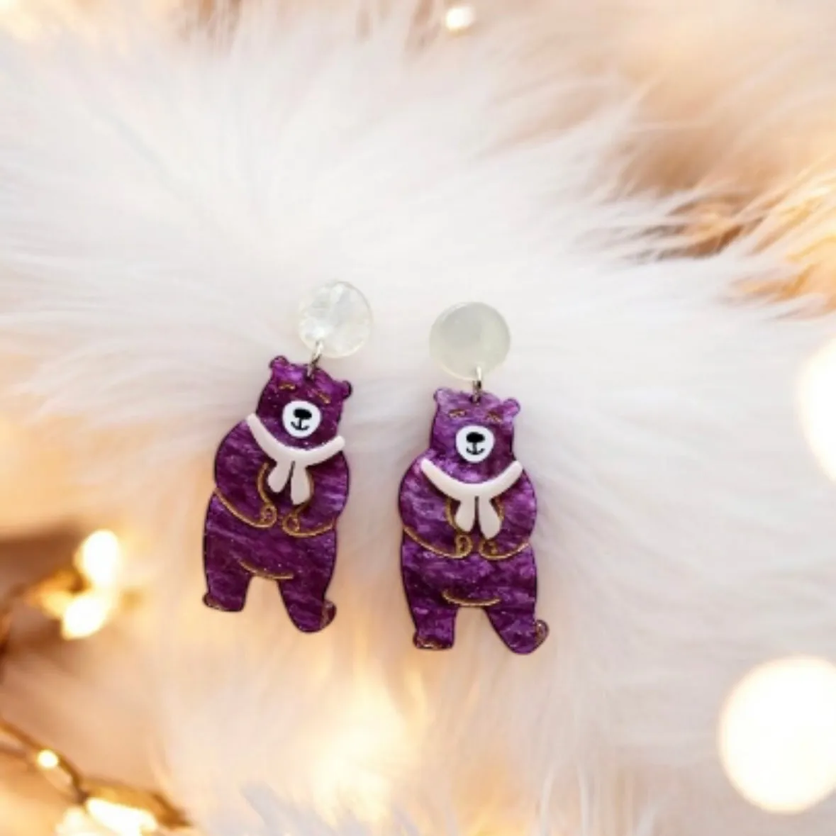 Purple bear acetate earrings | colourful glitter stud dangle | Kawaii drop sweet earrings | fun art acrylic earrings