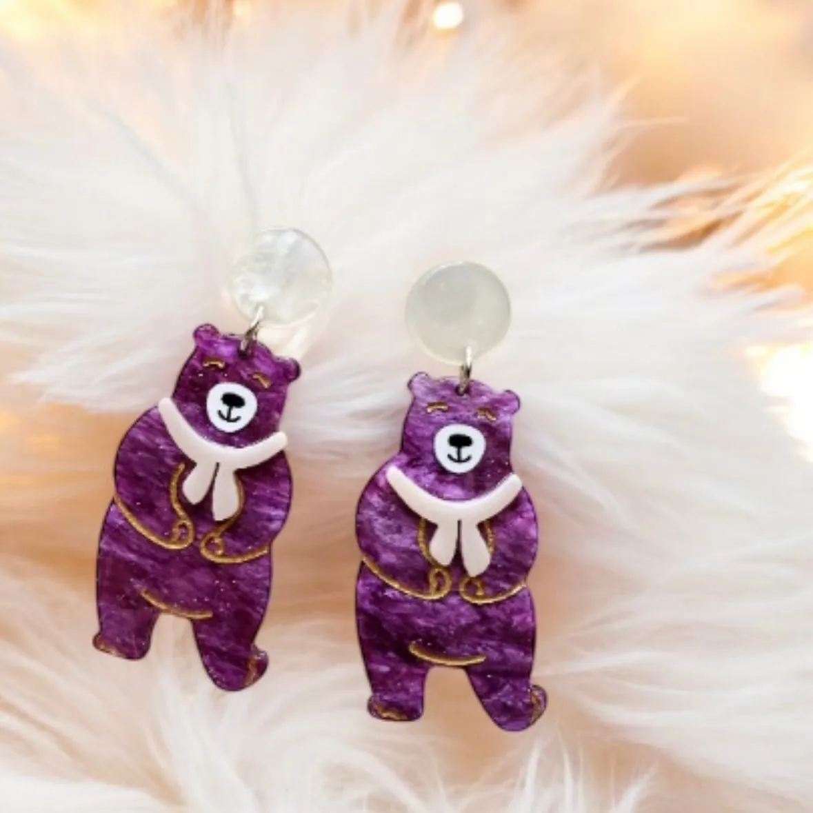 Purple bear acetate earrings | colourful glitter stud dangle | Kawaii drop sweet earrings | fun art acrylic earrings