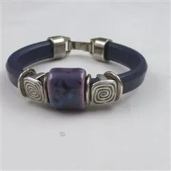 Purple Genuine Leather Bracelet with Handmade Ceramic Focus