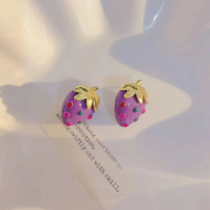 Purple Strawberry Stud Earrings with Gold Leaf Accent-jlt11652