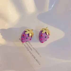 Purple Strawberry Stud Earrings with Gold Leaf Accent-jlt11652