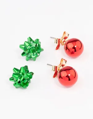 Red Bell & Green Present Bow Stud Earrings 2-Pack