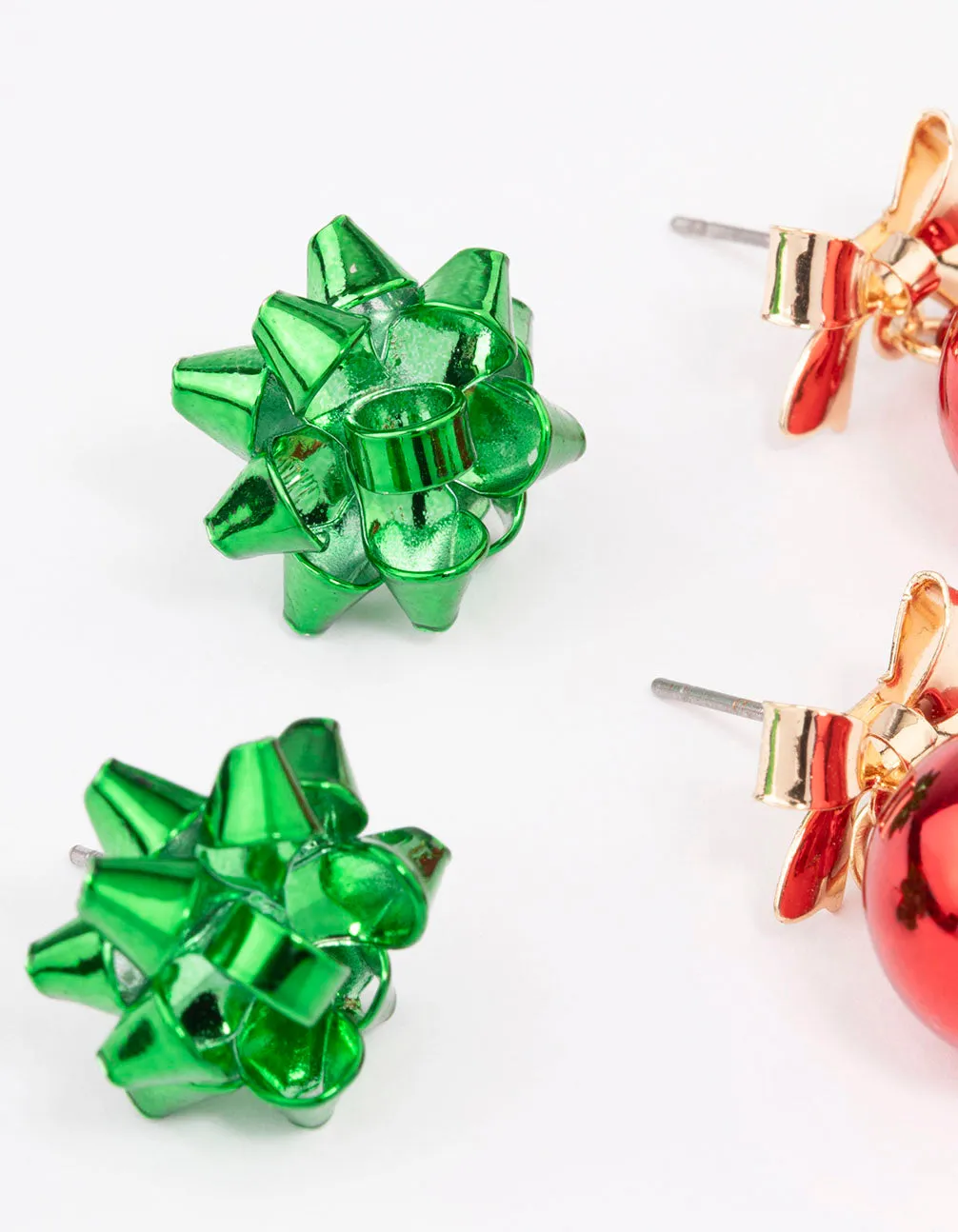 Red Bell & Green Present Bow Stud Earrings 2-Pack