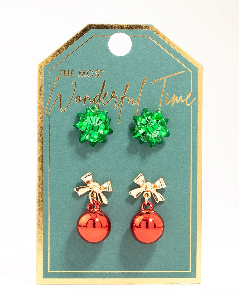 Red Bell & Green Present Bow Stud Earrings 2-Pack