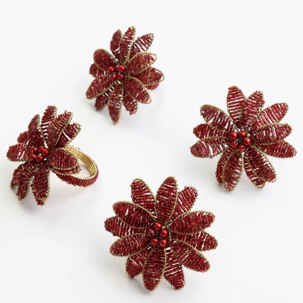 Red Flower Beaded Napkin Ring | Set of 4