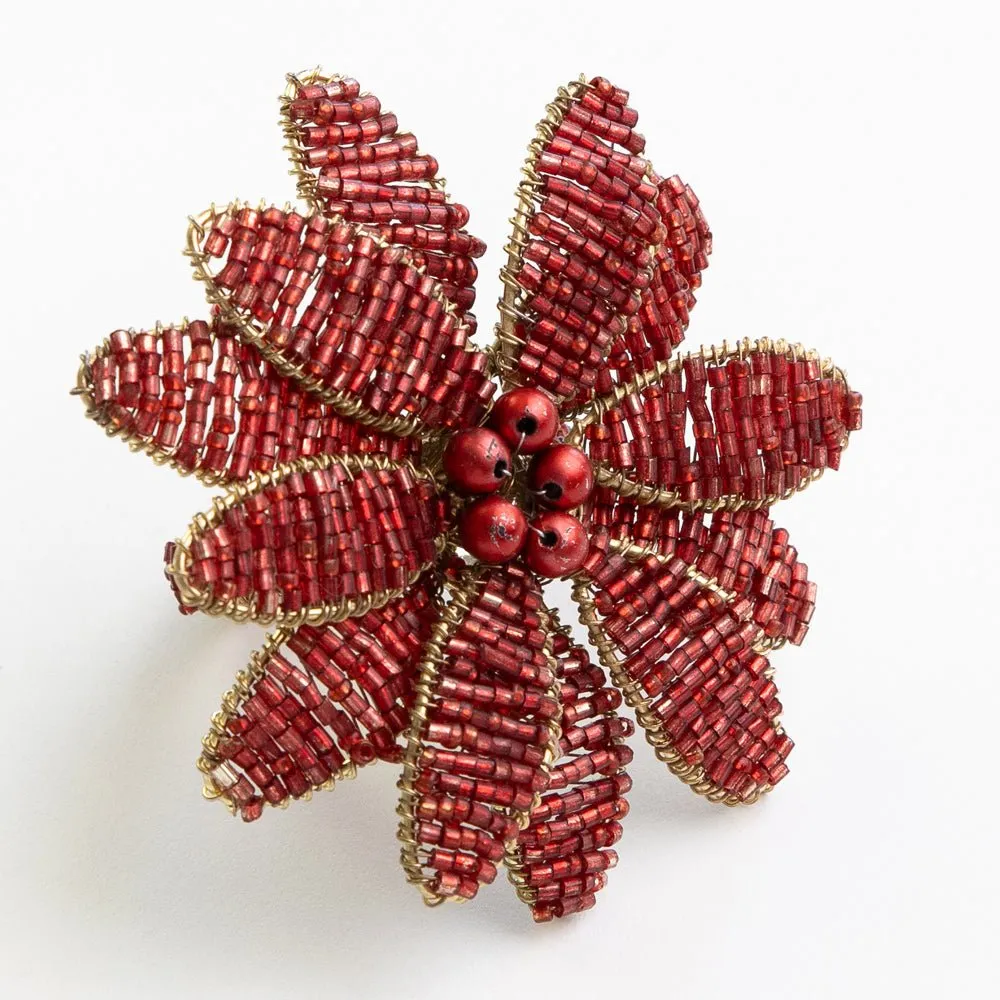 Red Flower Beaded Napkin Ring | Set of 4