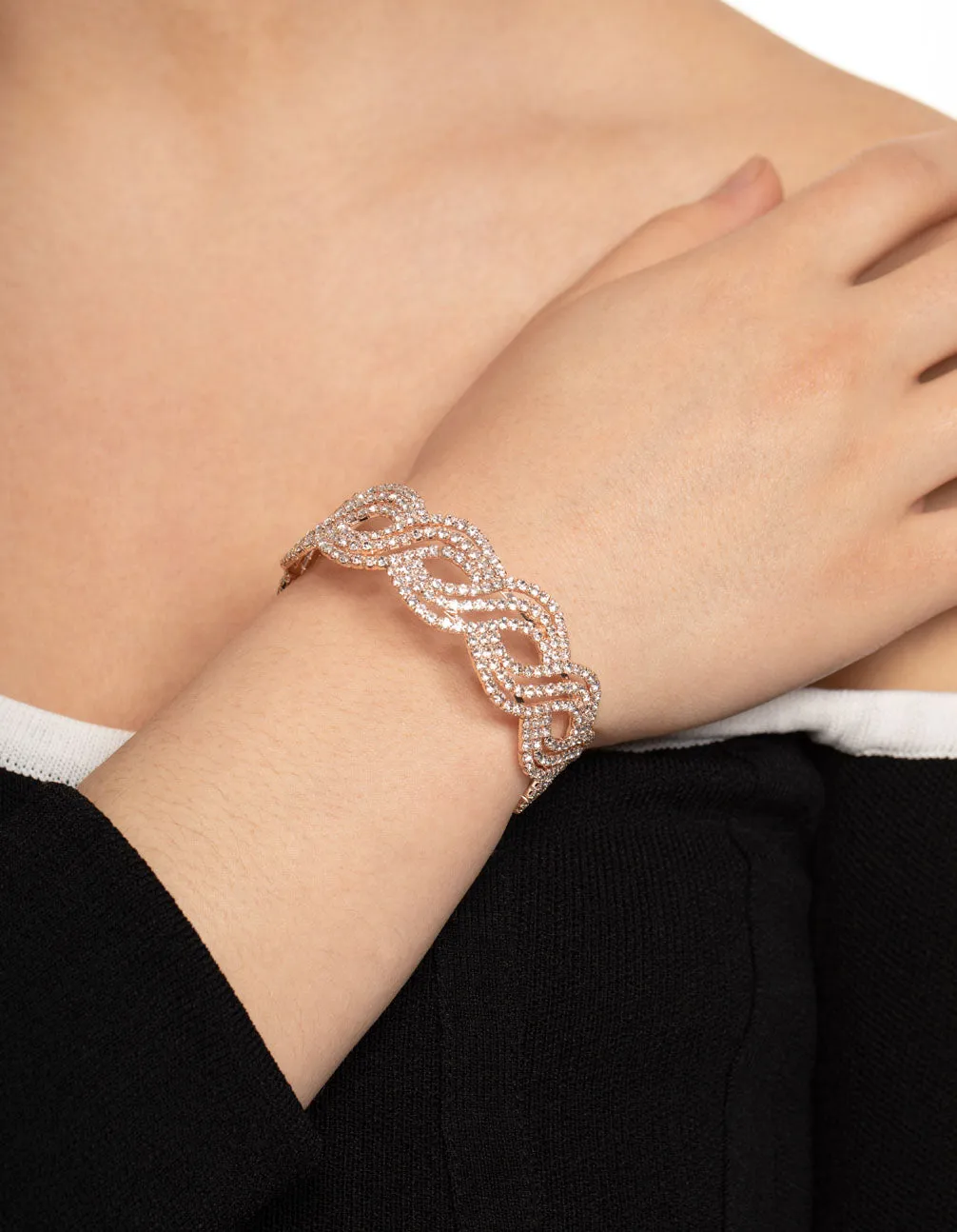 Rose Gold Twist Petal Diamante Cuff Bangle