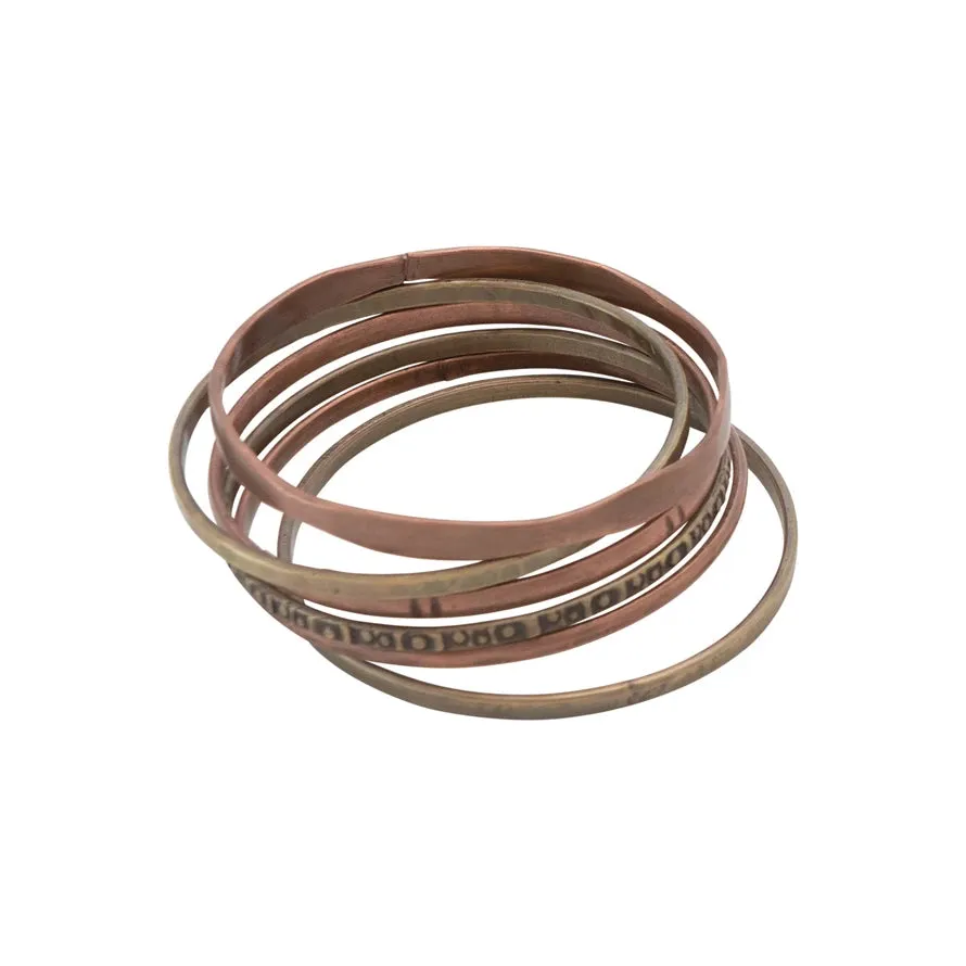 Round Antique Brass and Copper Bangles, Set of 6