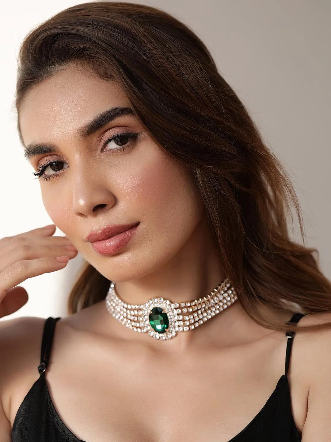 Rubans 22 KT Gold-Plated Emerald Studded Choker Adorned With Sparkling Ad Accents